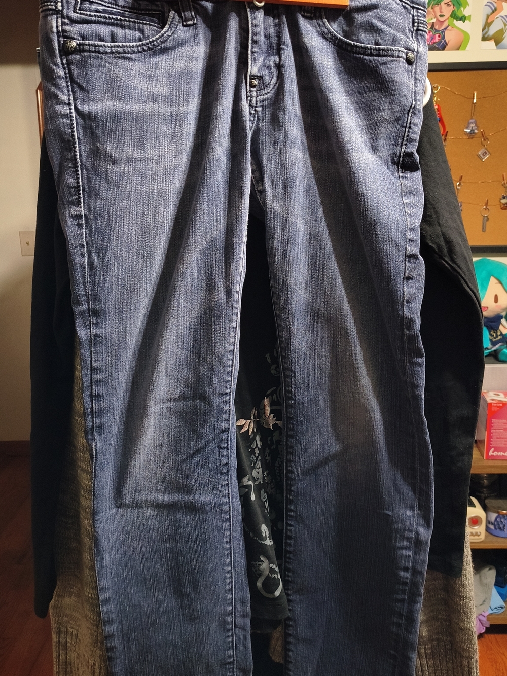 Rerock for express dark wash skinny jeans, faux leather & lace back pocket patch